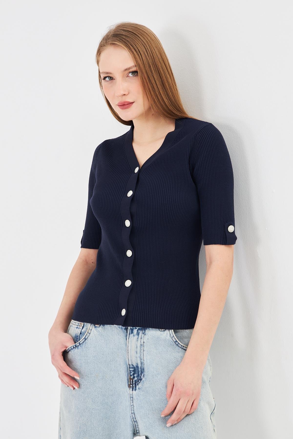 Women's Epaulette Buttoned Short Sleeve Ribbed Knitwear Cardigan 121417 Navy Blue