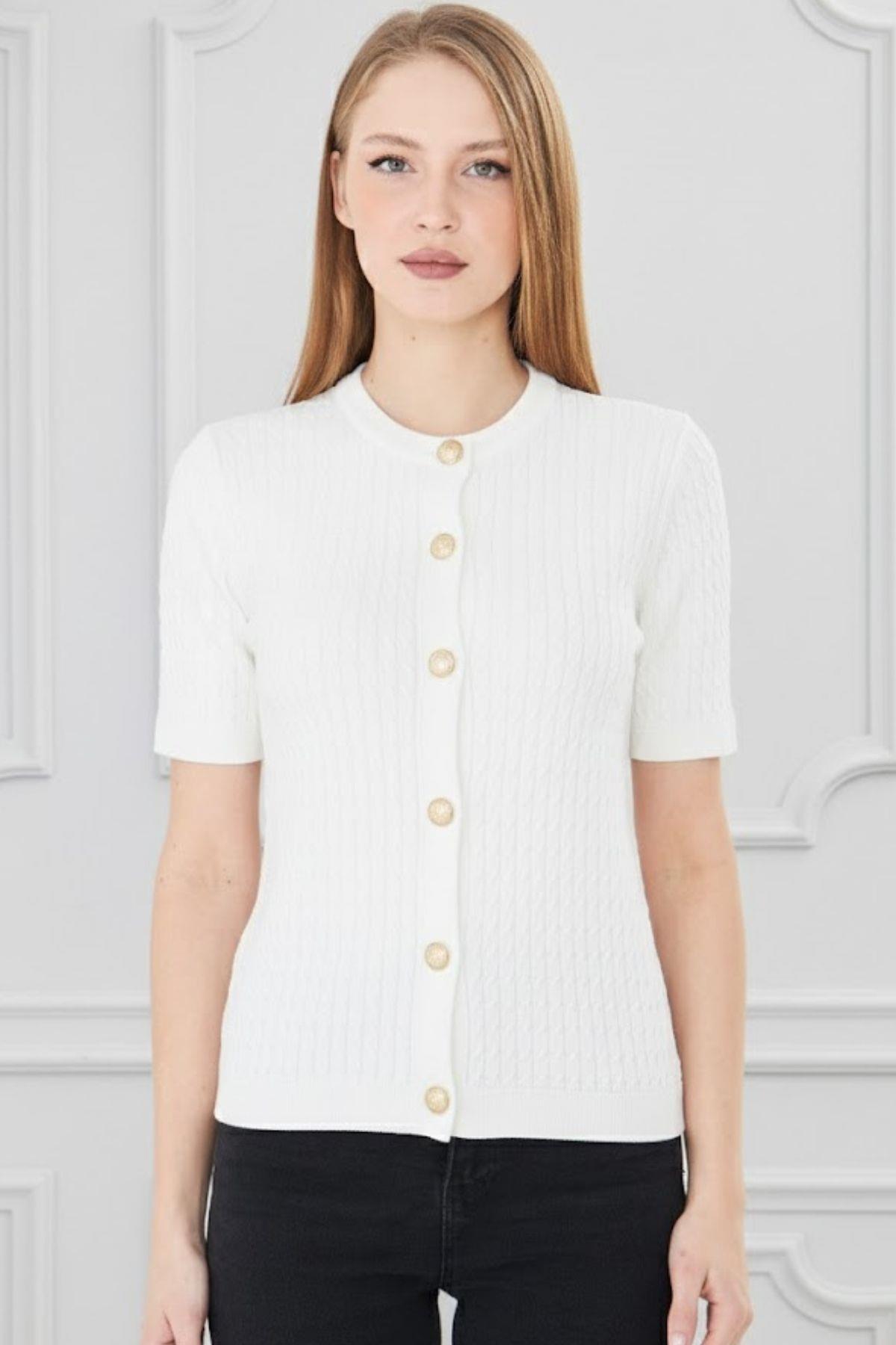 Women's Crew Neck Hair Weave Short Sleeve Knitwear Cardigan 121824 Ecru