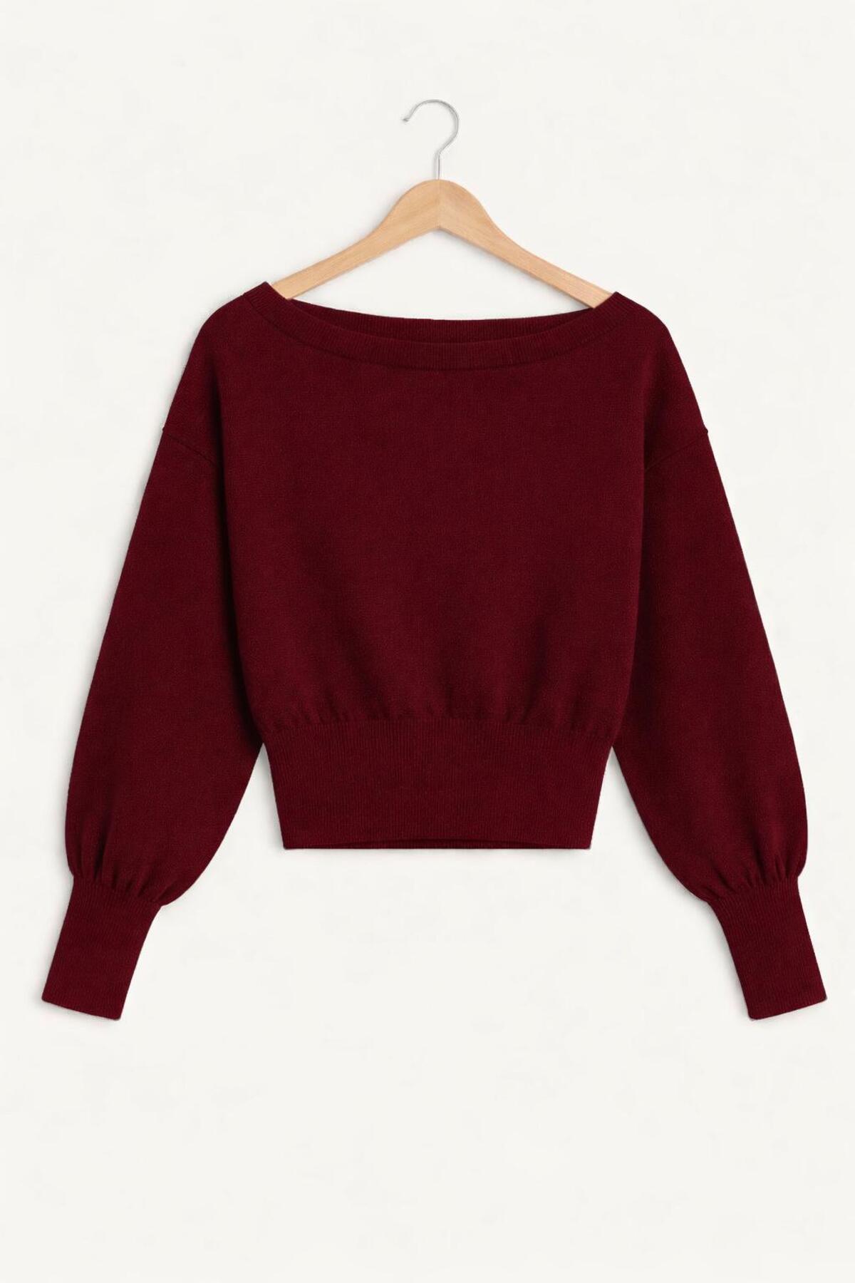 STF MODA  Kadın Popüler Asimetrik Kayık Yaka Triko Kazak Bordo - Görsel 3