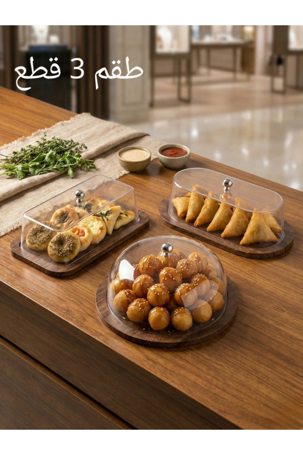 Generic طقم تقديم خشبي من الريف (3 قطع) - صواني تقديم بغطاء أكريليك شفاف ومقب...