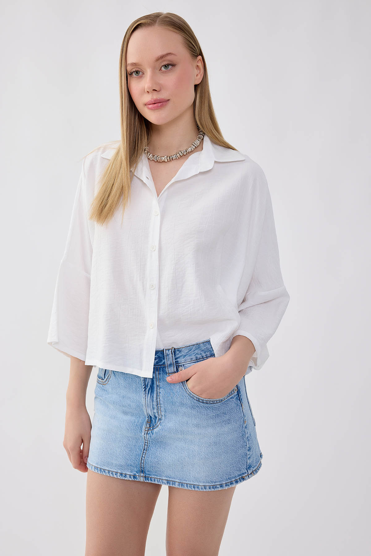 Vitrin Düşük Omuz Krinkıl Kumaş Crop Gömlek