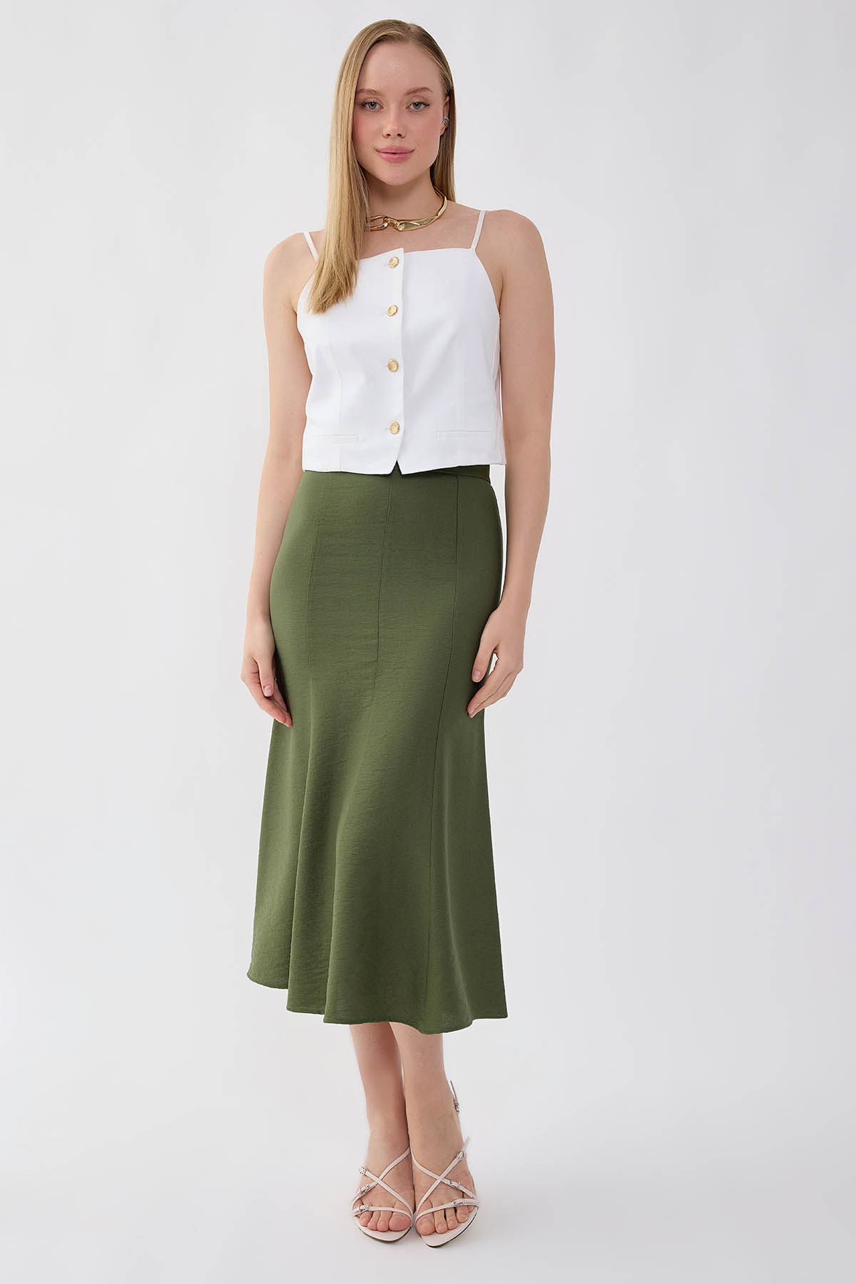 Vitrin  Önü Dikiş Detaylı Midi Boy Etek