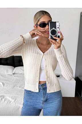 Bracha Ajurlu Desen Düğme Detaylı V Yaka %100 Pamuk Triko Hırka