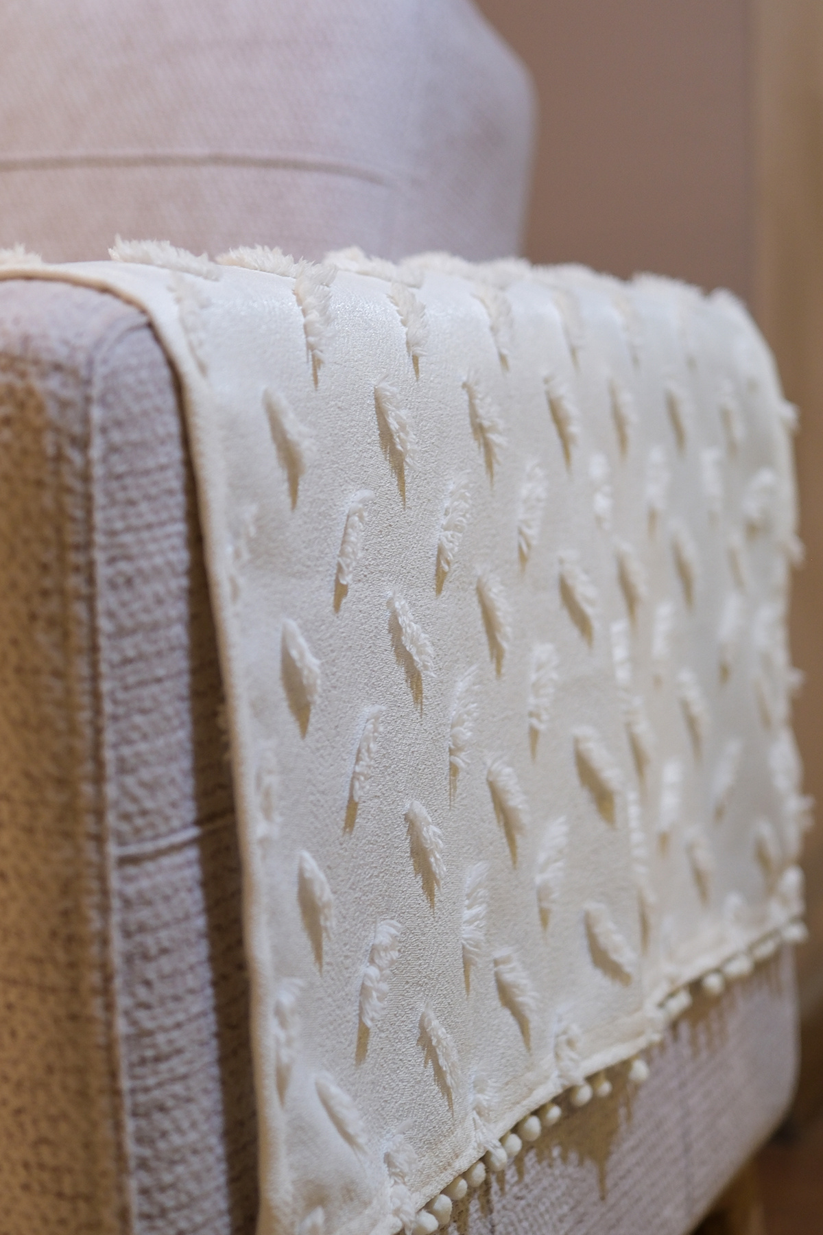 Embossed Pattern Pompom Bohemian Tassel 2 Seat Edge Armrest Cover Arm Side Protector