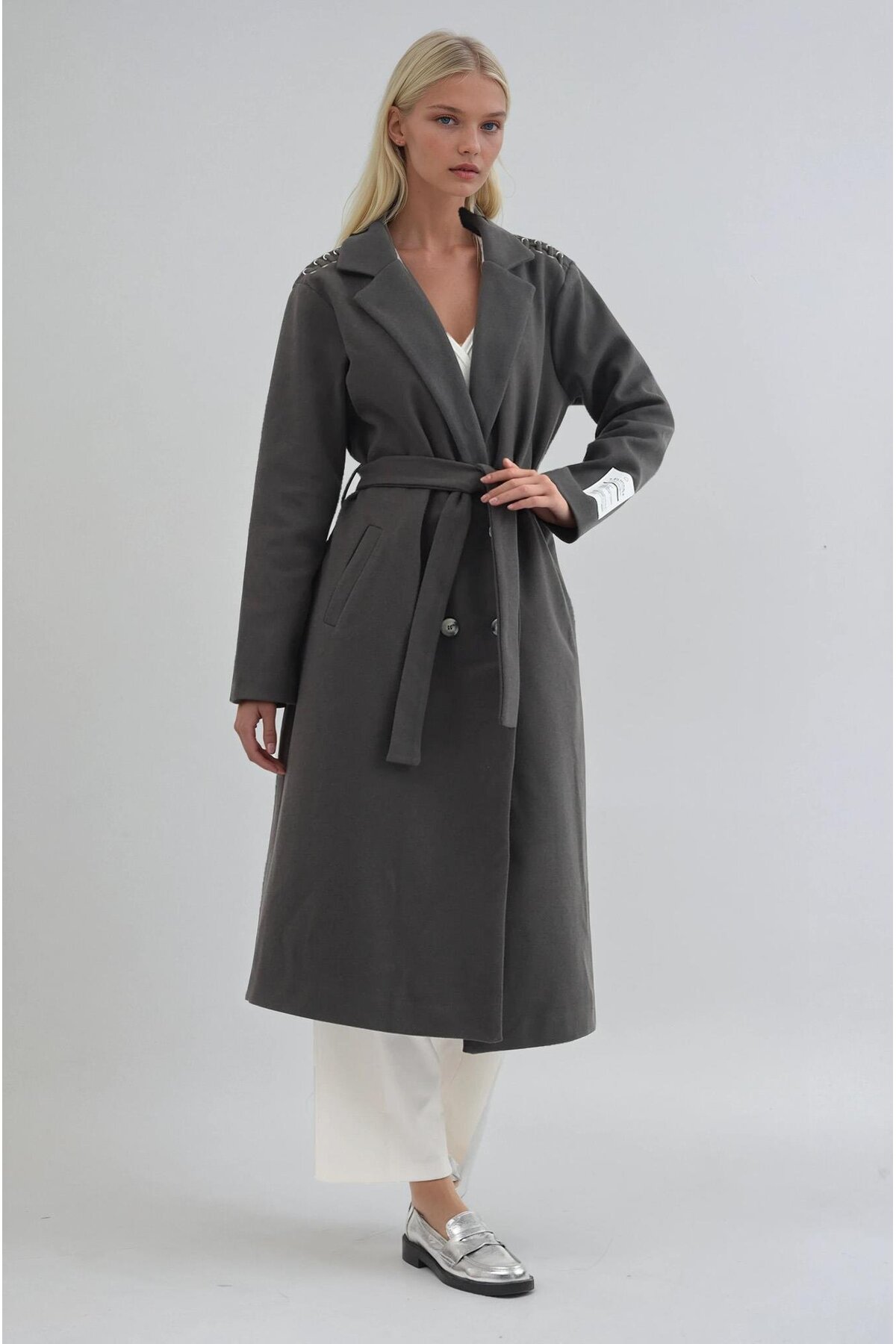 Lijuri  Omuzları Örgülü ve Kolu Manşet Detaylı Kuşaklı Kaşe Kaban 7097 - Görsel 5