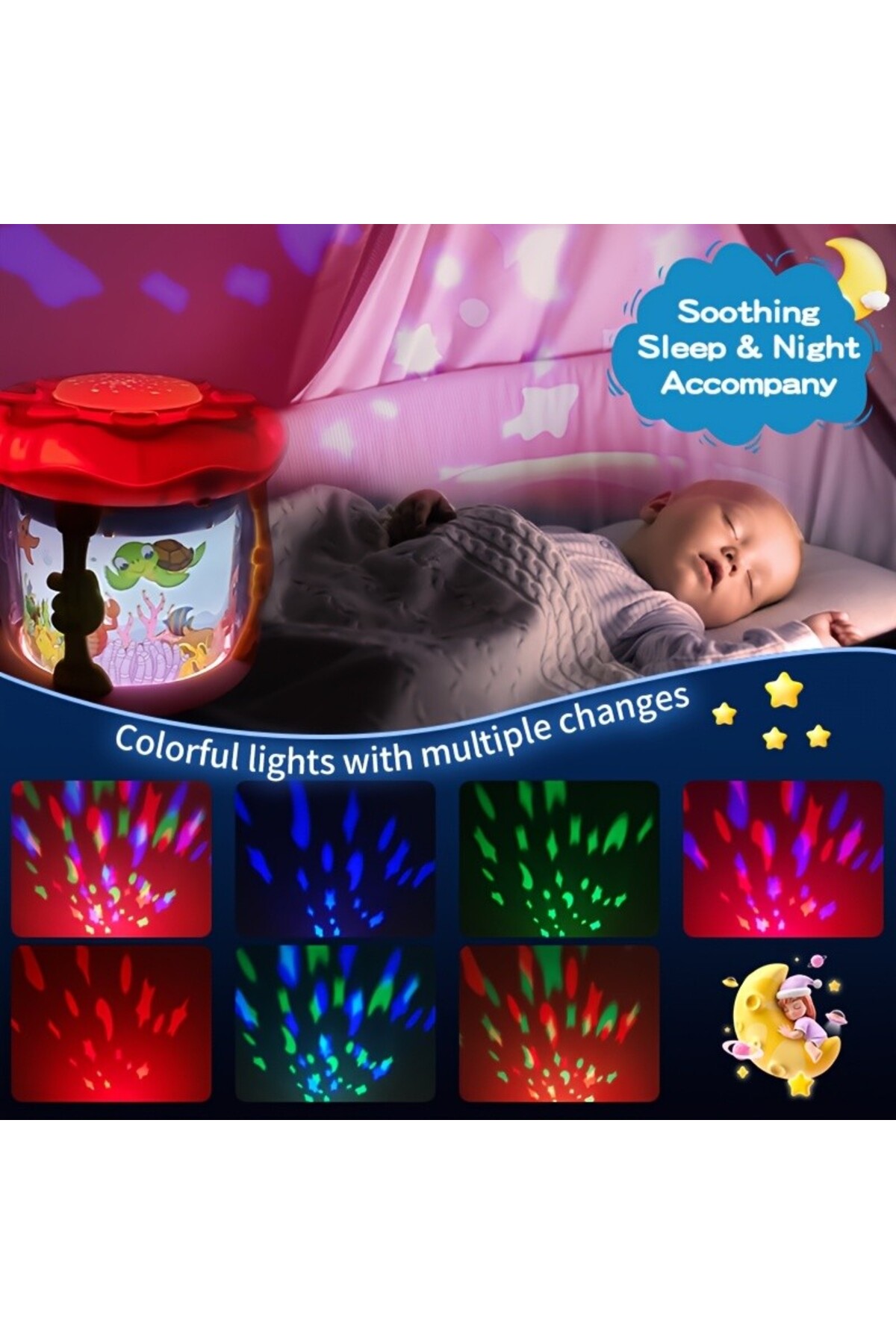LRS STORE Bebek İçin Işıklı Müzikli Hareketli Akvaryum Projeksiyon Gece Lambası-Dönme Özellikli Uyku Arkadaşı fotoğrafı 2 (önizleme)