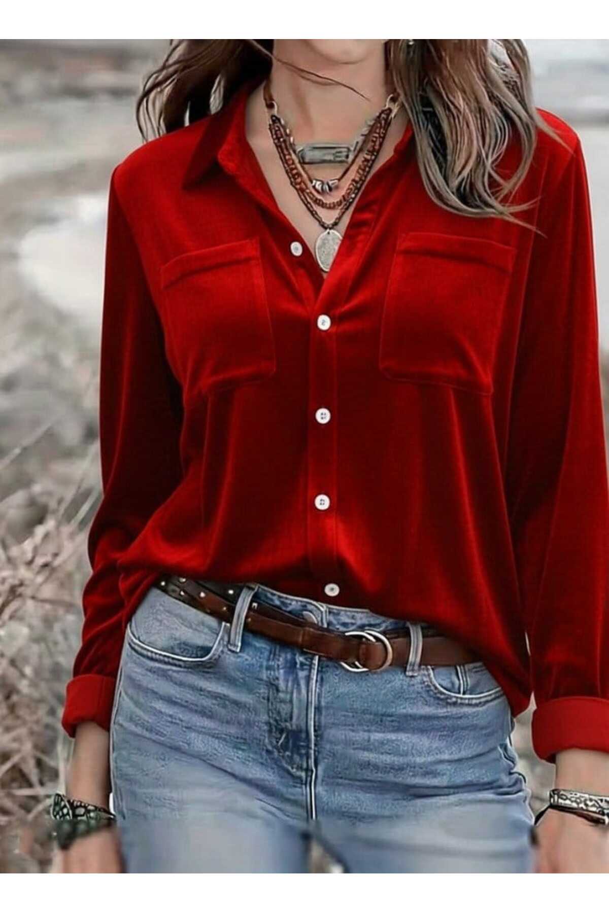 HYEM  DRESSIFY WOMAN'S KADIN UZUN KOLLU YAKALI ÖNDEN DÜĞMELİ CEP DETAYLI KADİFE GÖMLEK - Görsel 3