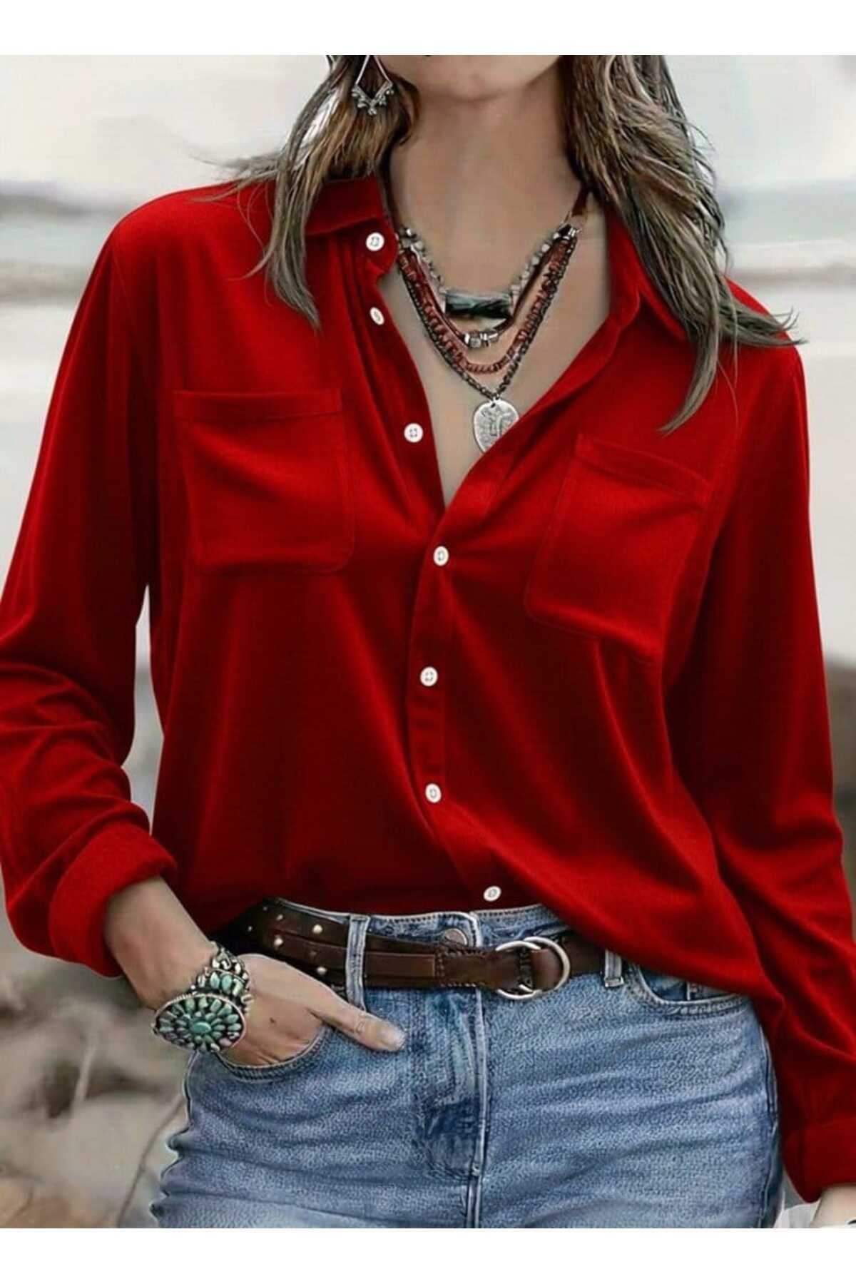 HYEM  DRESSIFY WOMAN'S KADIN UZUN KOLLU YAKALI ÖNDEN DÜĞMELİ CEP DETAYLI KADİFE GÖMLEK - Görsel 2