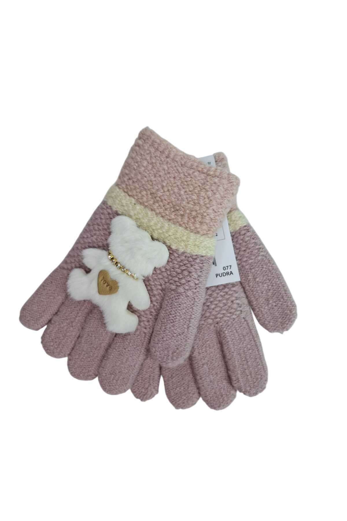 Kitti Spteks 4-8 Yaş Kız Çocuk Pudra Renk Sevimli Ayıcık Figürlü Kışlık Örme Eldiven fotoğrafı 2 (önizleme)