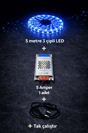 ZMR LUMIXA 3 ÇİPLİ 5 METRE MAVİ LED + 5 AMPER TRAFO (SET)