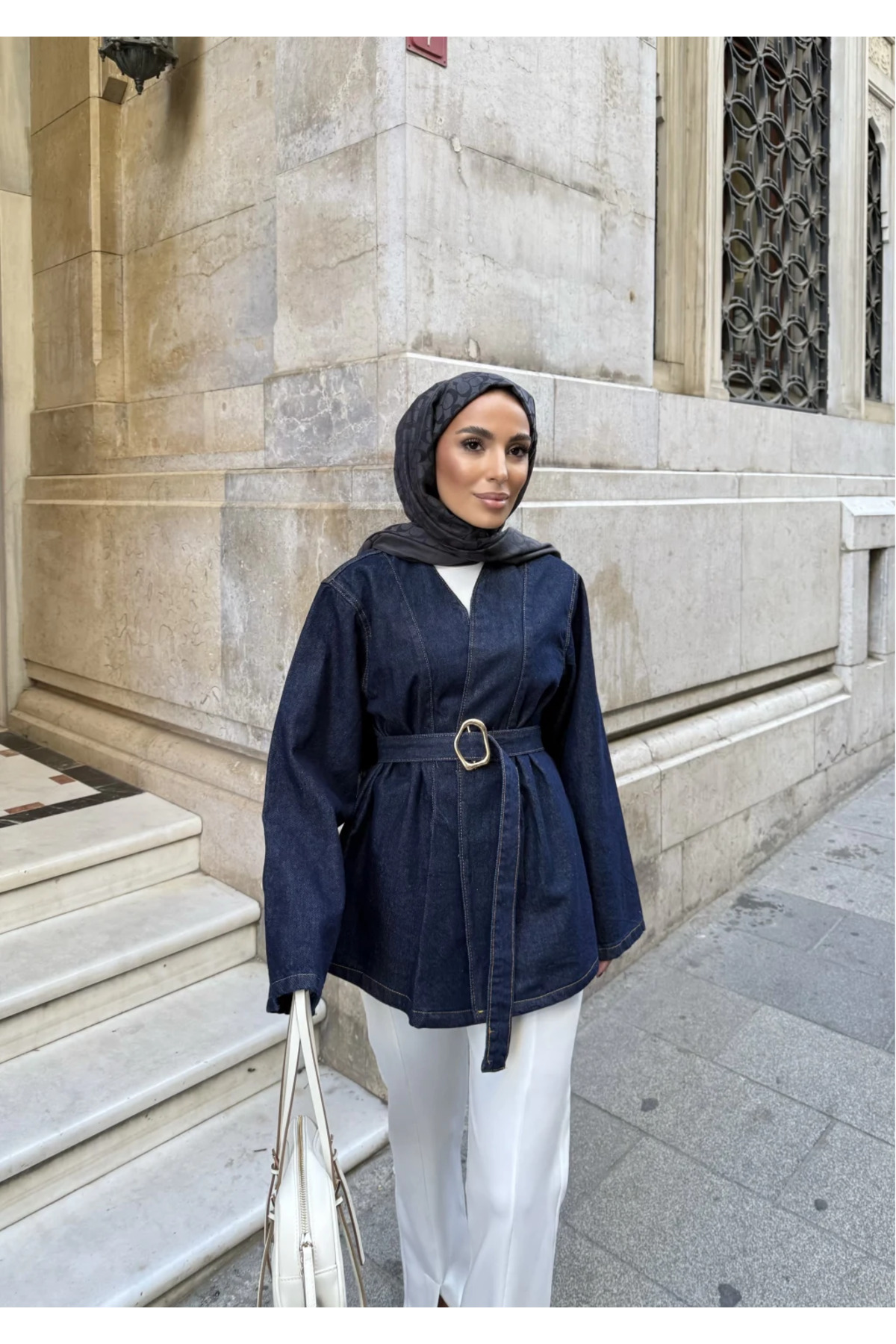 mega lucky  Kadın Lacivert Denim Ceket Kemerli Modern Tasarım - Görsel 5