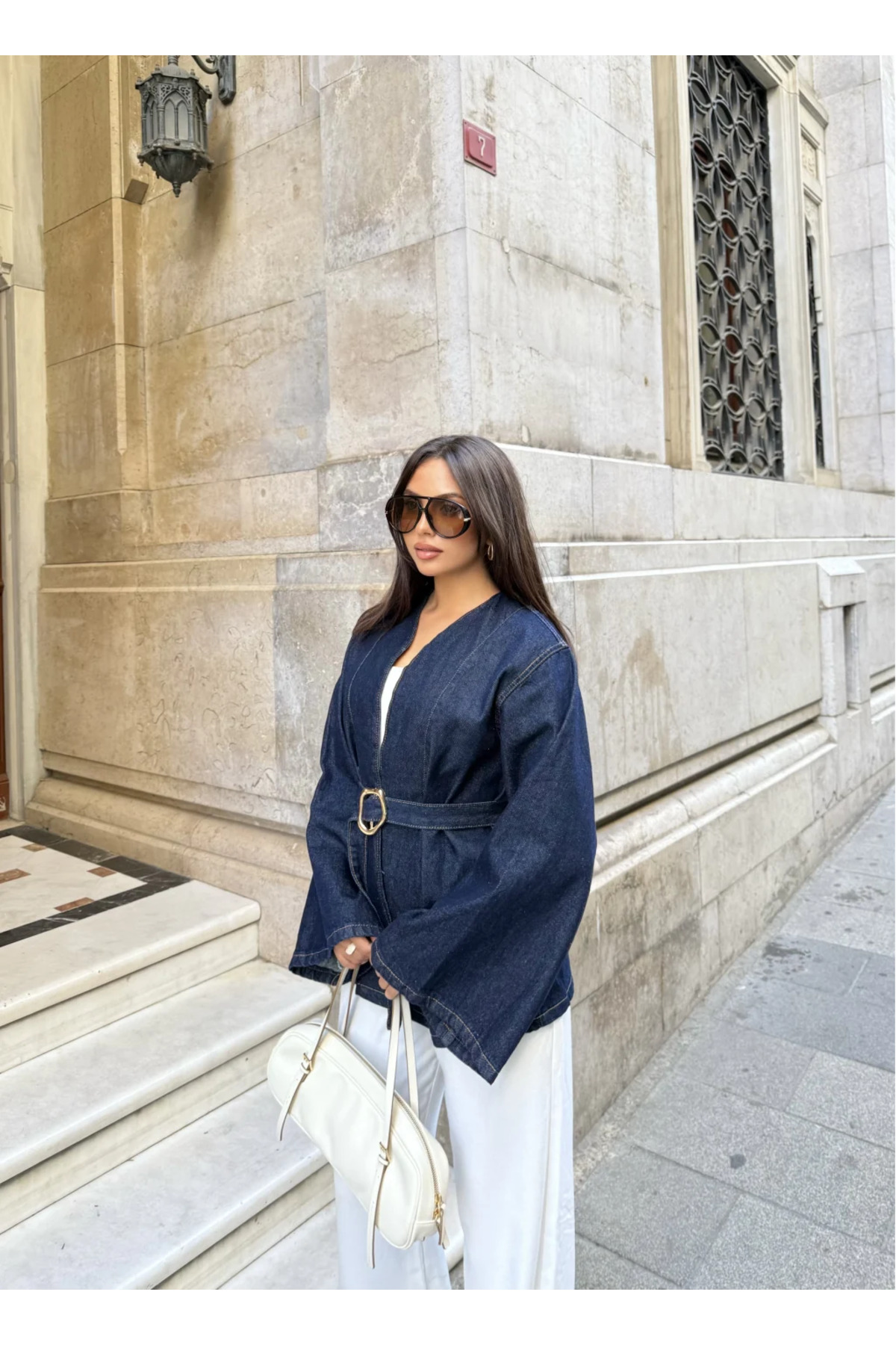 mega lucky  Kadın Lacivert Denim Ceket Kemerli Modern Tasarım - Görsel 3