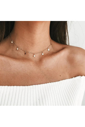 Çelik Altın Renk Geometrik Yıldız Kolye Altın Zincir Kadınlar İçin Kolye Chok...