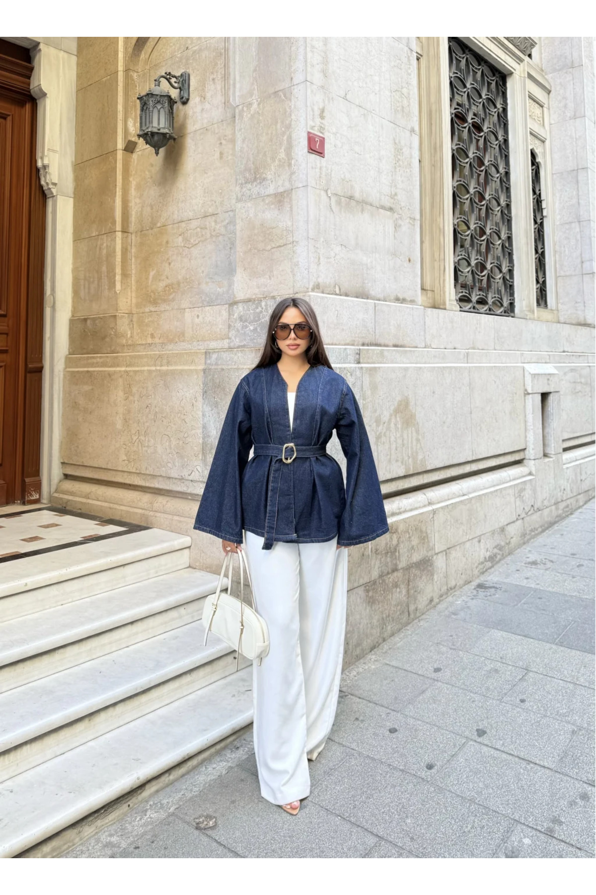 mega lucky  Kadın Lacivert Denim Ceket Kemerli Modern Tasarım - Görsel 8