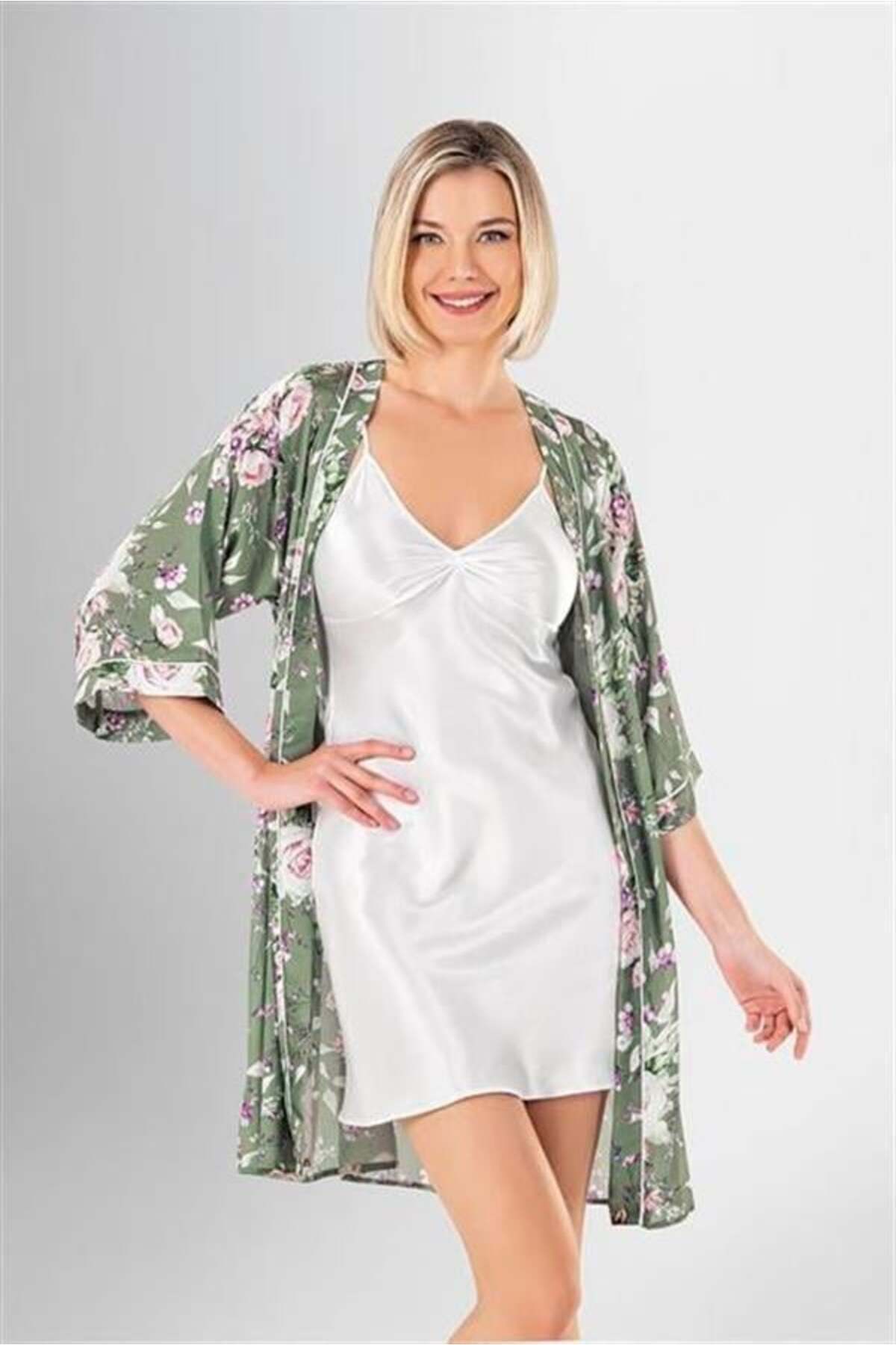 M MERC Giyim Desenli Saten 2'li Kısa Sabahlık Takımı