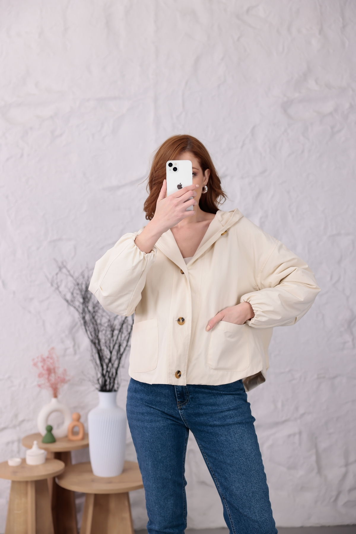 happinice Kapüşonlu Düğmeli Oversize Yağmurluk görsel 8