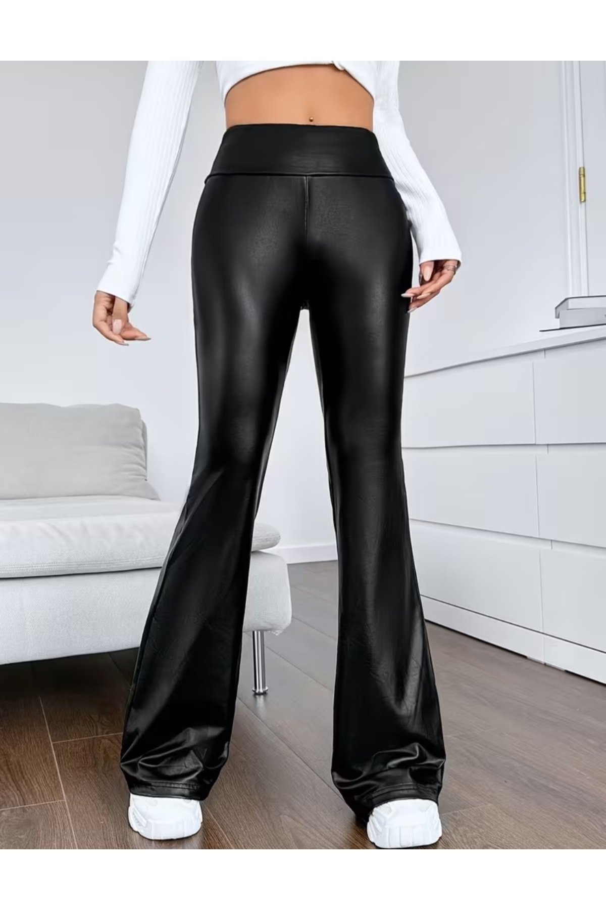MAROVOAY  Suni deri yüksek bel likralı İspanyol paça tayt pantolon - Görsel 2
