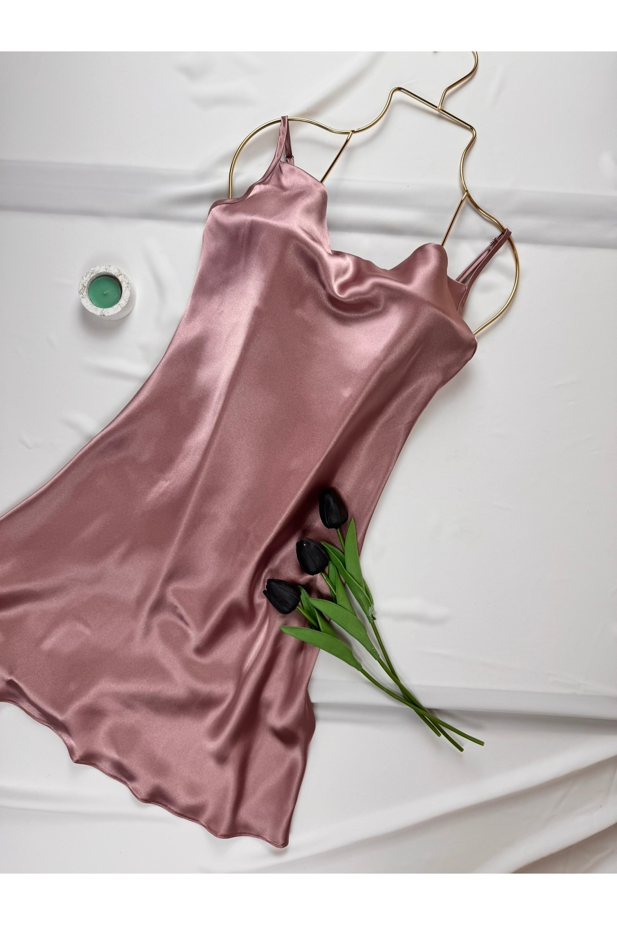 ROZENİN LINGERIE Degaje Yaka Saten Askılı Gecelik Elbise