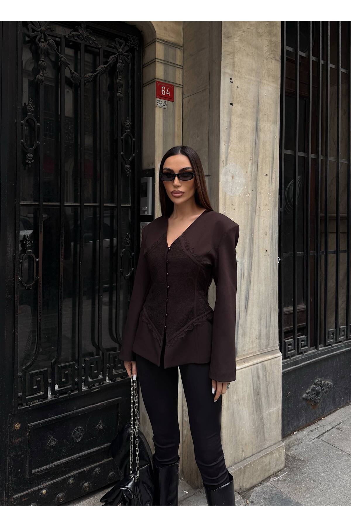 Julidress  Kahve Dantel Detaylı V Yaka Tasarım Premium Blazer Ceket - Görsel 6