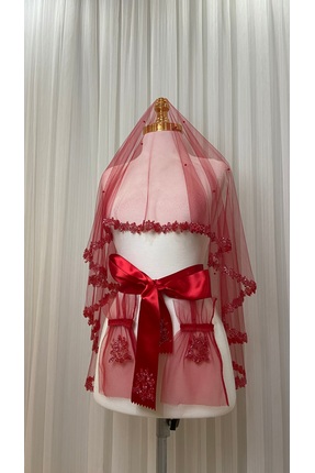 NEHİR AKSESUAR Kırmızı Gelin Duvak Seti, Cam Boncuk Ve İncili, Kına Gecesi Du...