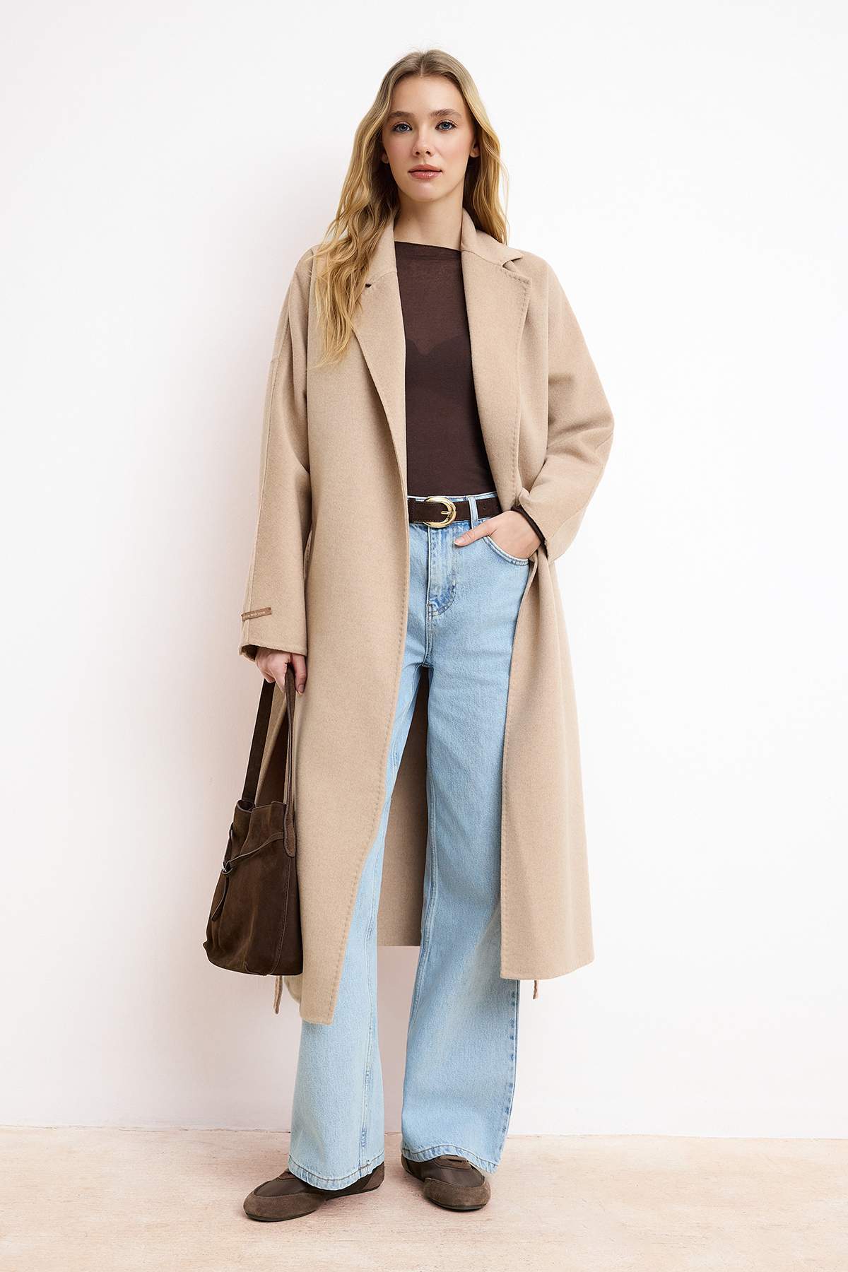 Trendyolmilla Vizon %100 Yünlü Handmade Bağlamalı Oversize Uzun Kaban TWOAW26KB00077