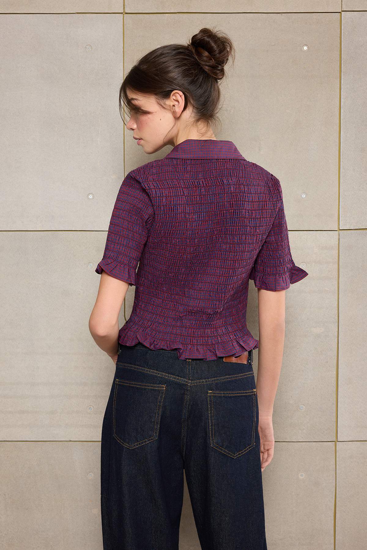 Trendyolmilla  Bordo-Çok Renkli Teen Pötikare Gipeli Bedene Oturan Gömlek TWOSS26GO00063 - Görsel 4