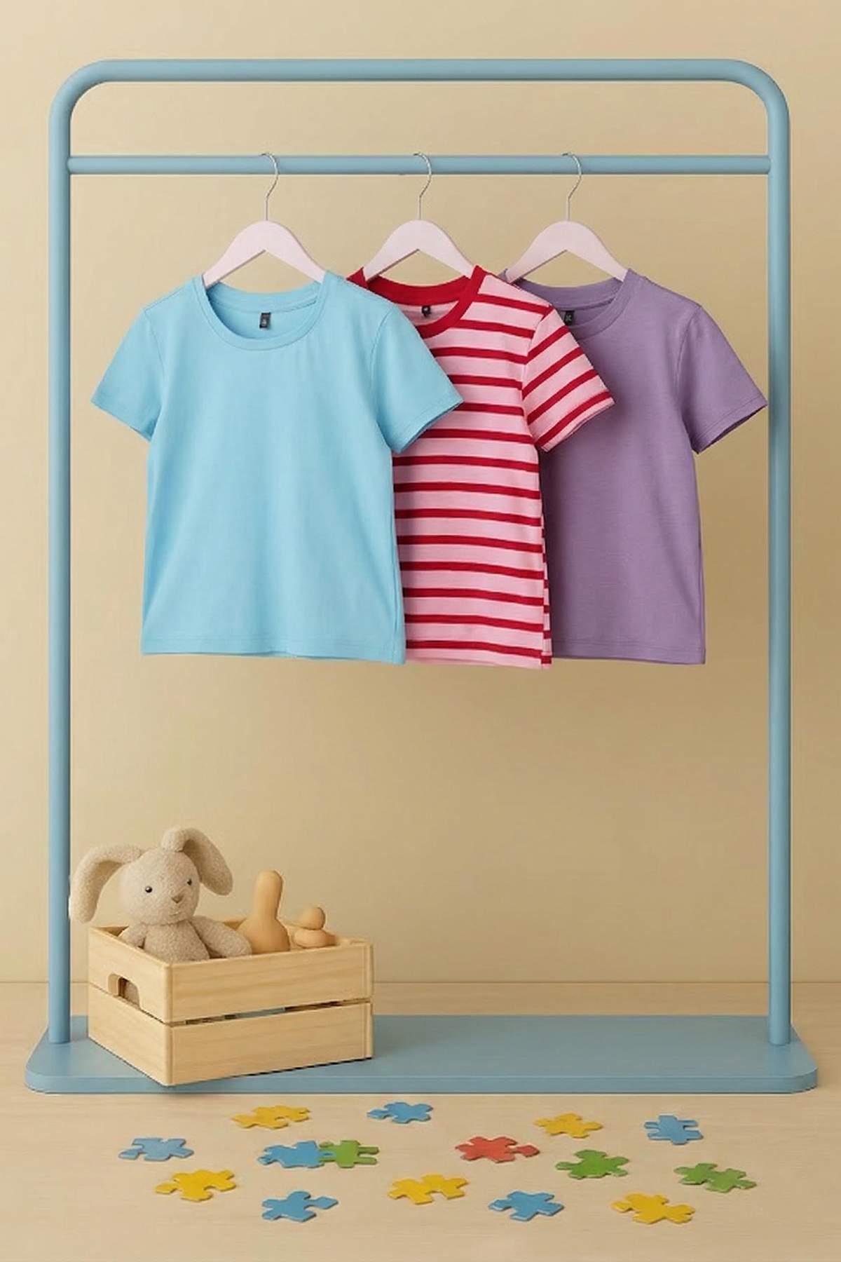 Trendyolmilla Kids Pembe-Mavi-Lila 3'lü Düz Örme T-Shirt TKDSS25TS00023