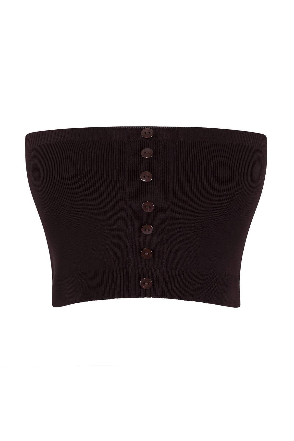 Trendyolmilla  Kahverengi Premium İplik Straplez Bluz- Hırka Triko Takım TWOSS26HI00010 - Görsel 7