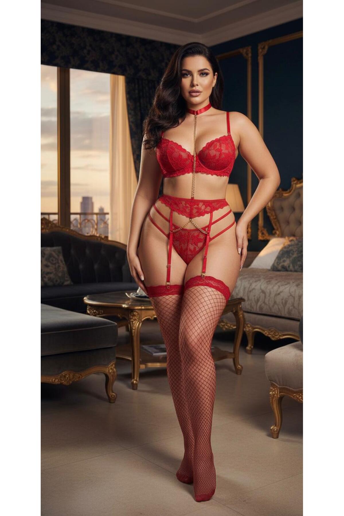 EFİL EFİL  Kadın Kırmızı Zincirli Jartiyer Set Çorap Dahil 8 Parça Fantezi Iç Çamaşırı Takımı - Görsel 2
