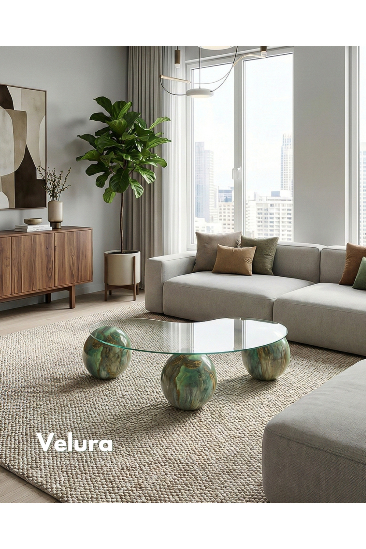 Jungle Ball Coffee Table & Transparent Bean Glass Sphere Coffee Table - Jungle Travertine Forest Pattern