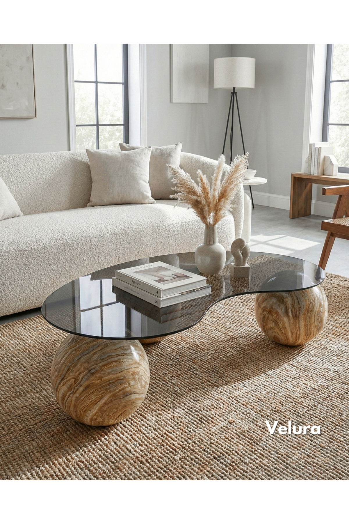 Modern Bohemian Coffee Table & Sphere Coffee Table & Ball Table & Glass Coffee Table Travertine Marble Pattern - Smoked Glass