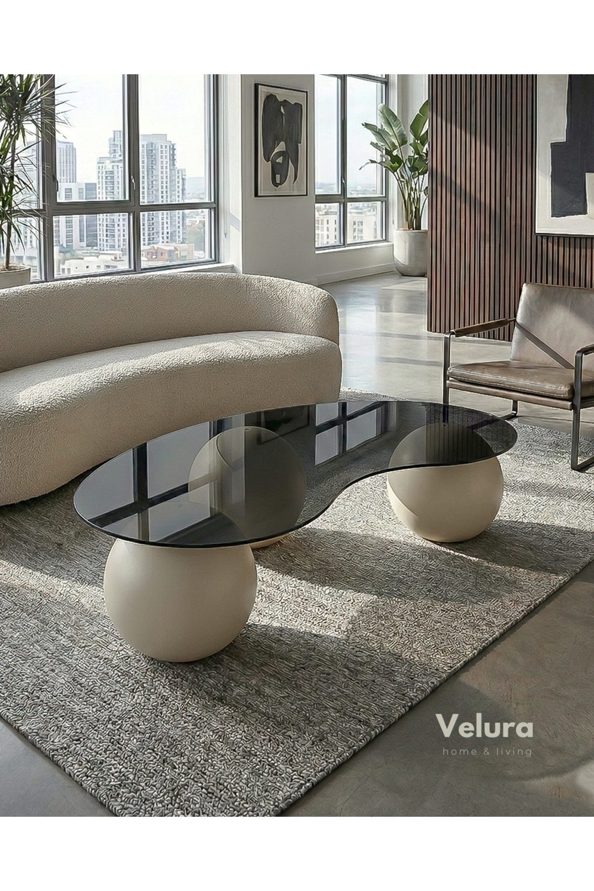 Coffee Table & Modern Sphere Coffee Table & Bohemian Ball Coffee Table - Smoked Glass Cream