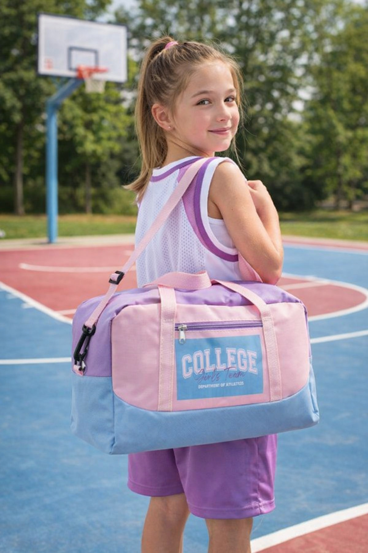 ICONE BAG  Kız Çocuk College Baskılı Spor Çanta, Cepli Spor Çanta, Fermuarlı Detaylı Çocuk Spor Çanta, - Görsel 5
