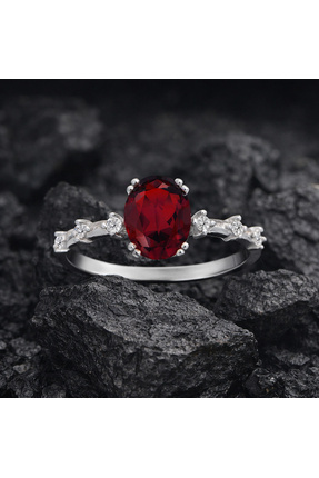 Silveranka 925 Ayar Gümüş Yüzük Oval Yakut Kırmızısı Vintage Yüzük