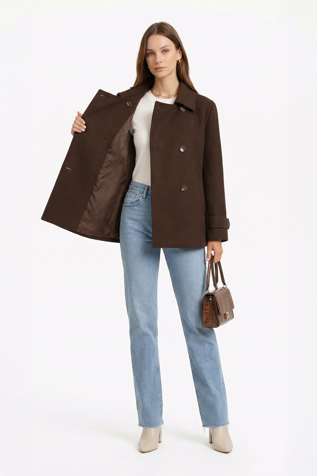 Soydan Güner  Kadın Kısa Kruvaze Kaban Kahverengi 1460 - Görsel 4