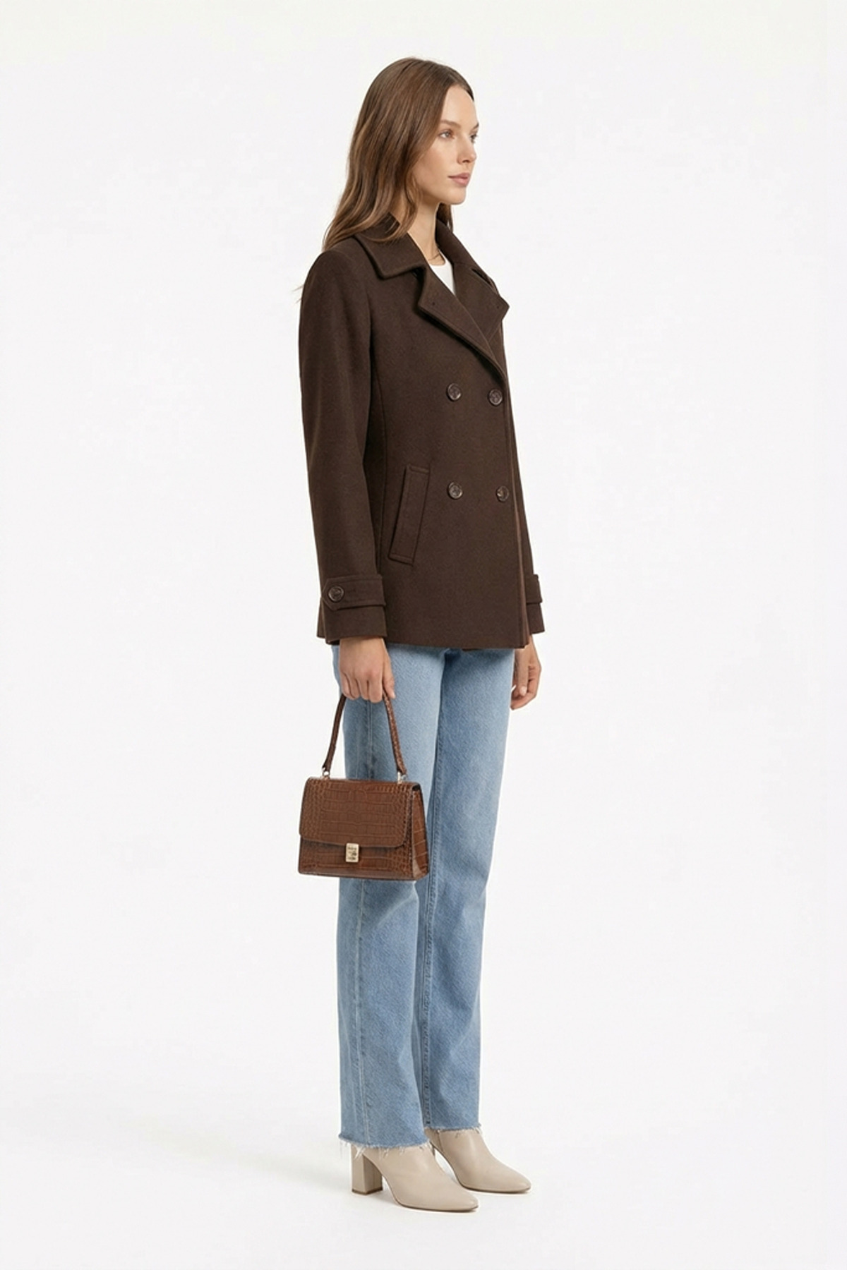 Soydan Güner  Kadın Kısa Kruvaze Kaban Kahverengi 1460 - Görsel 3