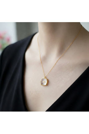 Lithora Jewellery Doğal Quartz Taşlı Altın Kaplama İşlemeli Gümüş Kolye