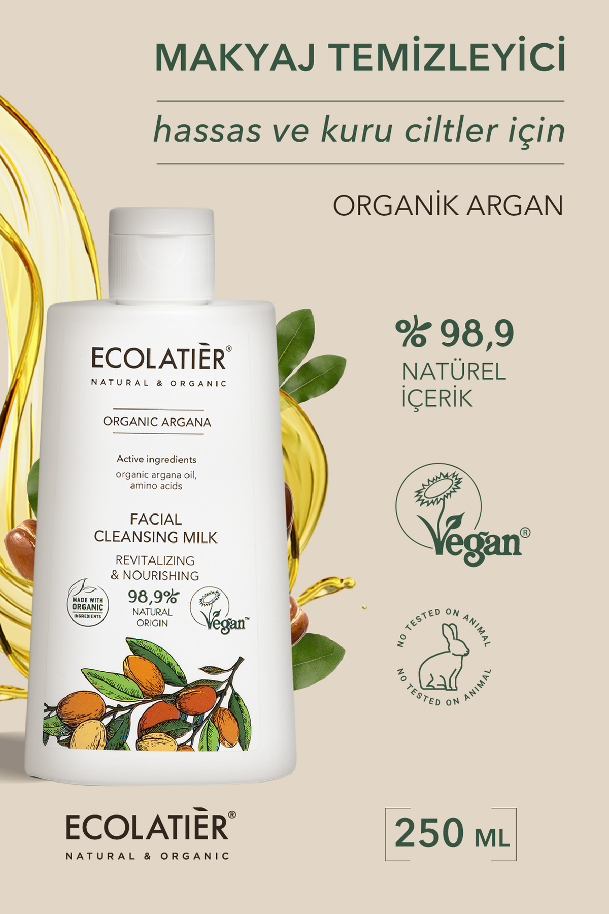 ECOLATIER Makyaj Temizleyici & Yüz Temizleyici Kuru ve Hassas Ciltler için Yüz Sütü Organik Argan, 250 ml