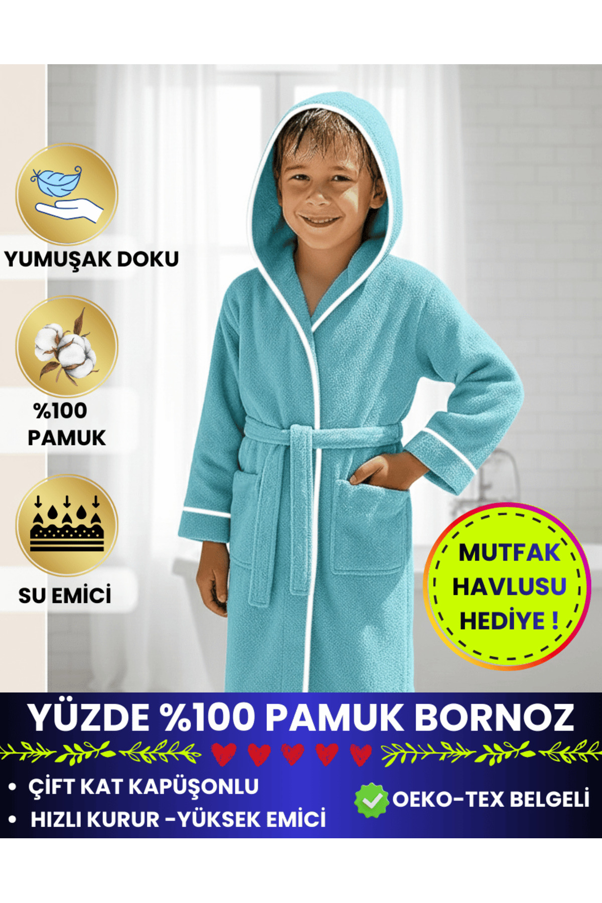 Layvera Kız-Erkek Çocuk Bornozu %100 Pamuk | Kapüşonlu – Cepli – Yumuşak – Biyeli – Turkuaz fotoğrafı 3 (önizleme)