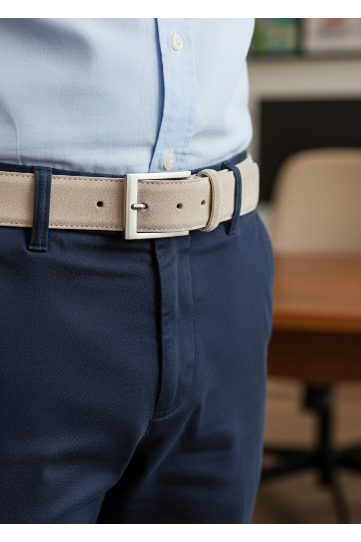 KASVA DERİ  3.5 Cm Bej Süet Orijinal Deri Kemer - Görsel 3