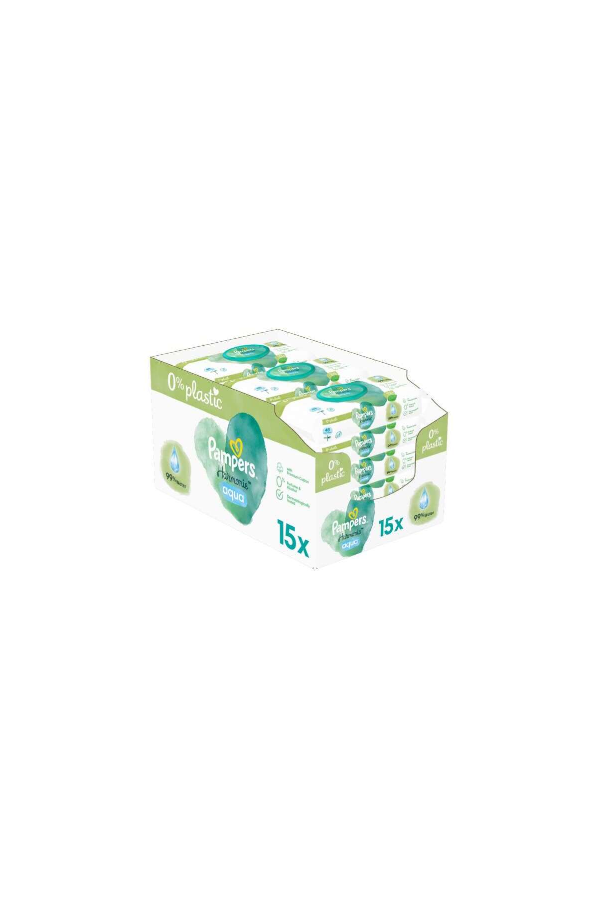 Pampers Șervețele umede Harmonie Aqua, 0% plastic, 15 pachete x 48, 720 bucăți