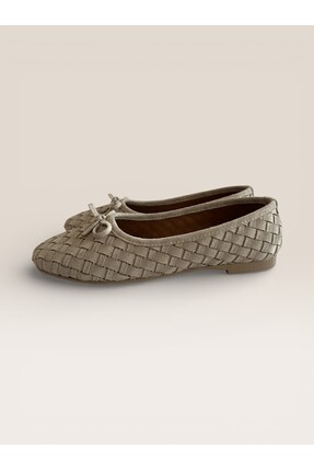 Noliva Kadın Bej Süet Dokulu Örgü Desenli Fiyonklu Babet