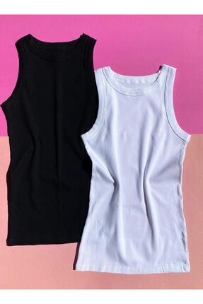 Ahmio Halter Yaka, 2'li Kaşkorse Kumaş -Siyah ve Beyaz Renk- Fitilli Esnek Ka...