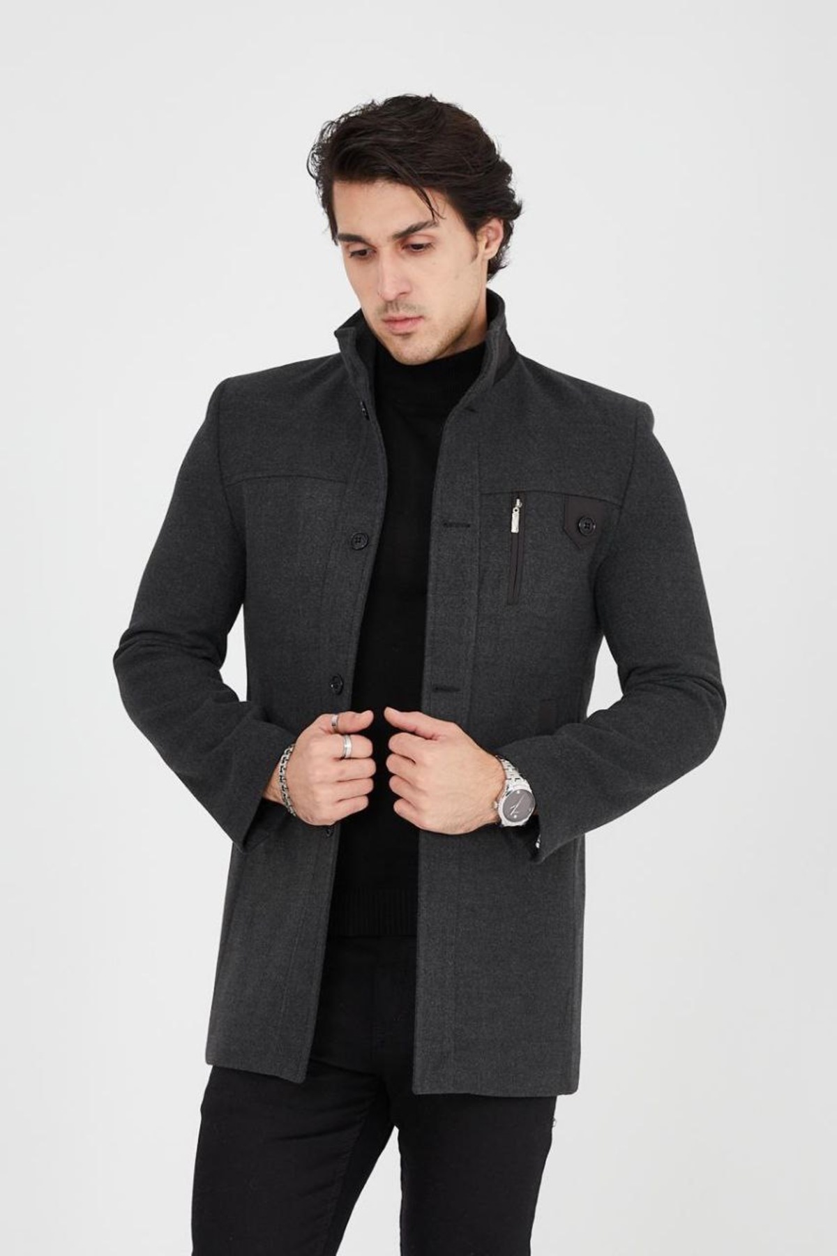 Genel Markalar  Ezel Dik Yaka Göğüs Düğmeli Slim fit Erkek Kaşe Kaban 432 - Görsel 7