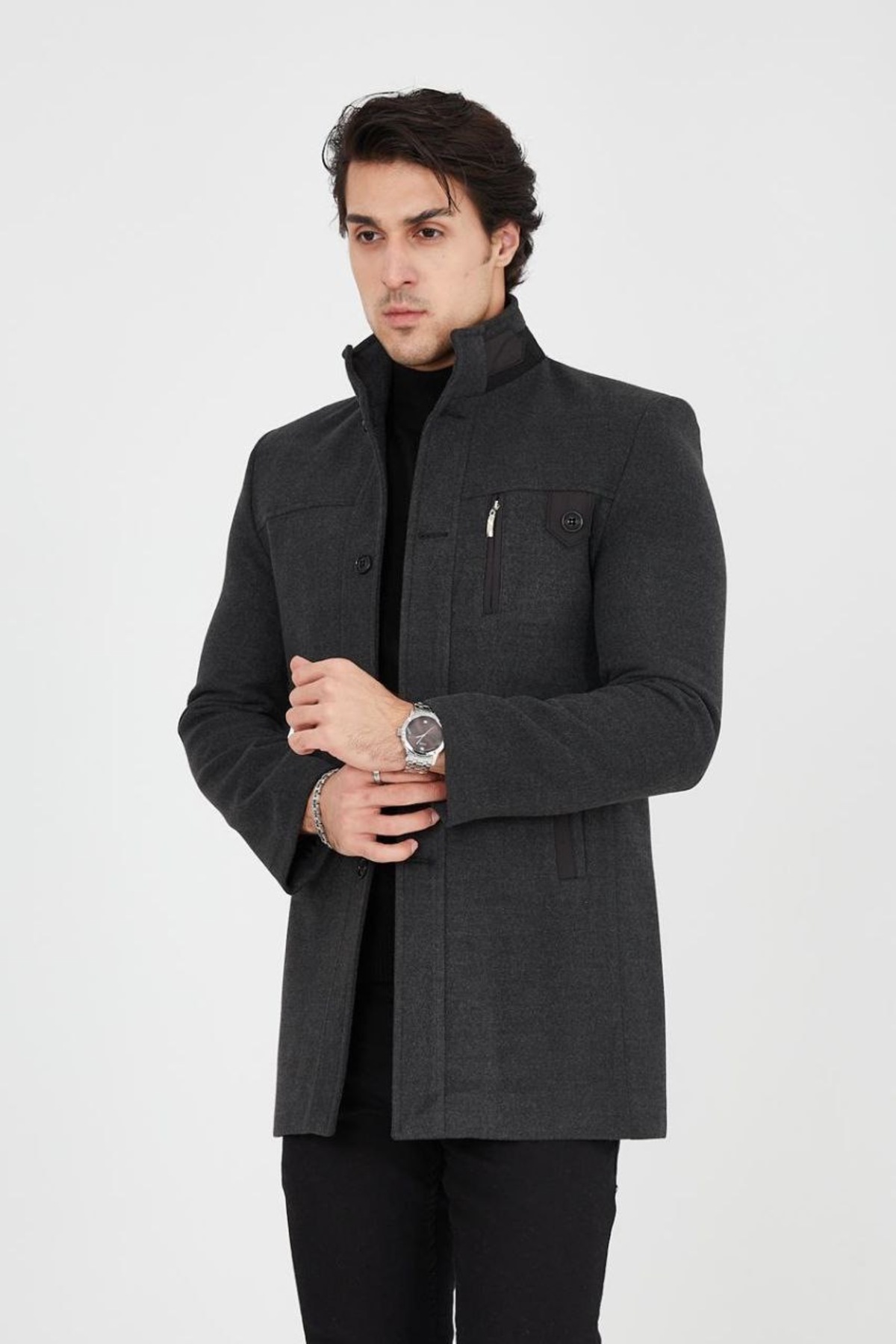 Genel Markalar  Ezel Dik Yaka Göğüs Düğmeli Slim fit Erkek Kaşe Kaban 432 - Görsel 4