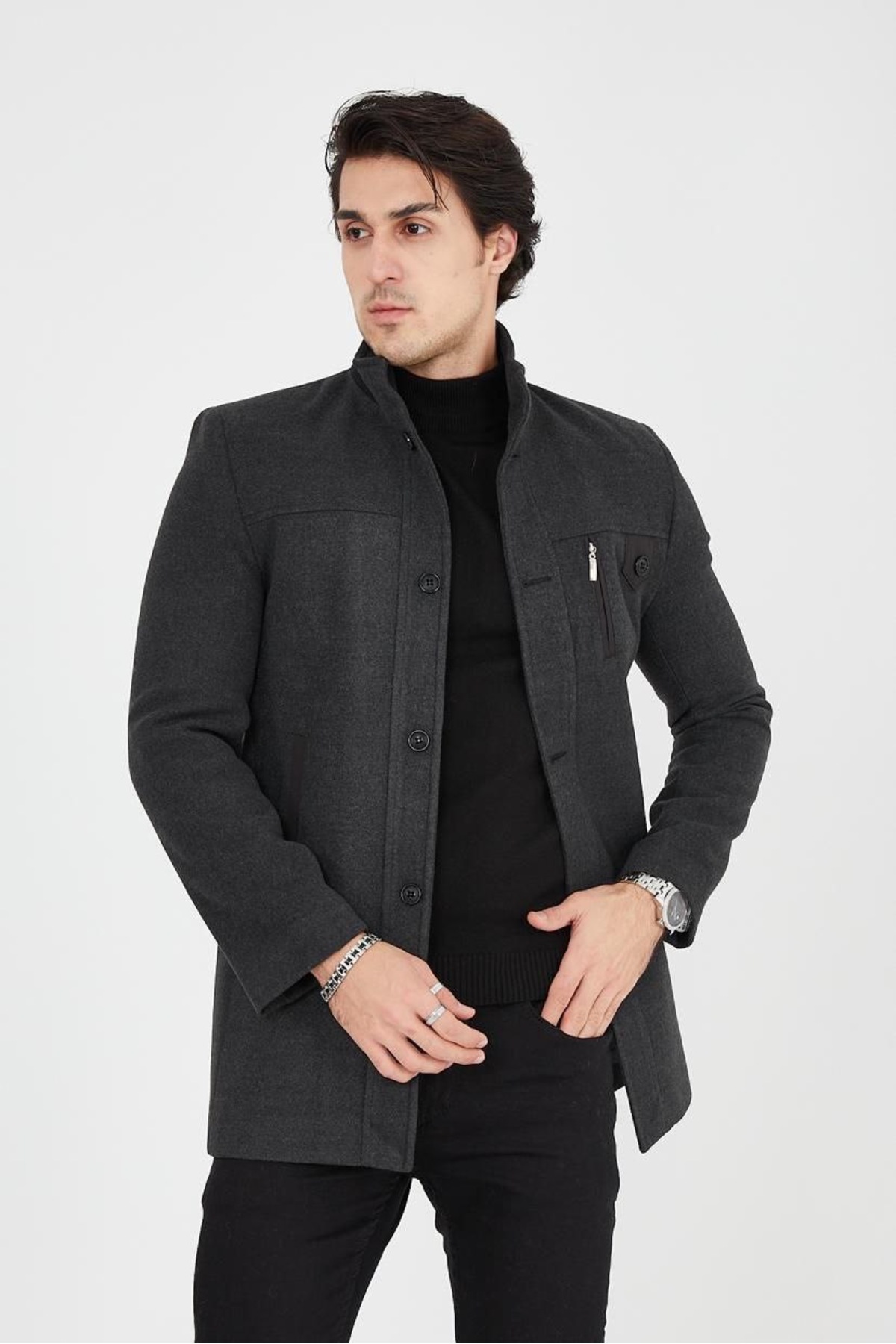 Genel Markalar  Ezel Dik Yaka Göğüs Düğmeli Slim fit Erkek Kaşe Kaban 432 - Görsel 5