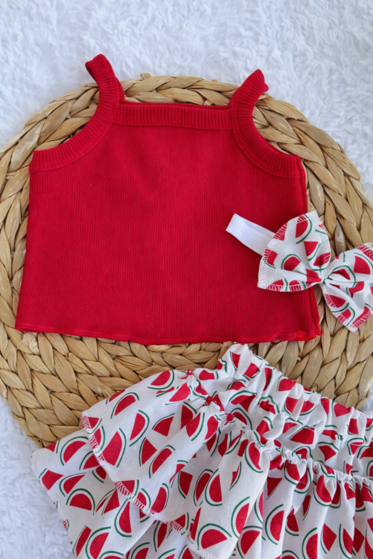 AKİF GİYİM KIZ BEBEK & ÇOCUK MEYVE DESENLİ KARPUZLU FIRFIRLI ETEK CROP BANDANA TAKIMI fotoğrafı 2 (önizleme)