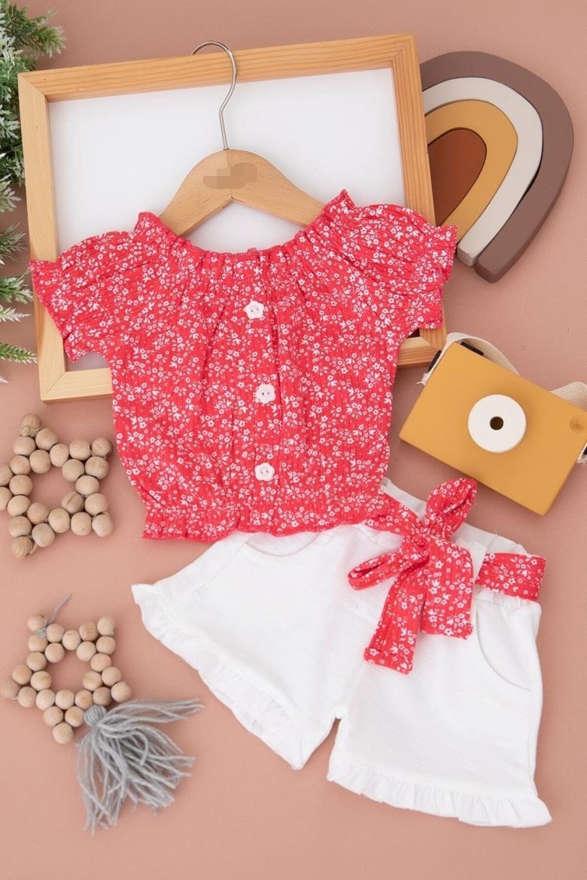 Egelite Kız Çocuk Yazlık 2-3-4-5-6 Yaş Fitilli Üst ve Kemerli Şortlu Şık 2'Lİ Alt Üst Takım fotoğrafı 2 (önizleme)