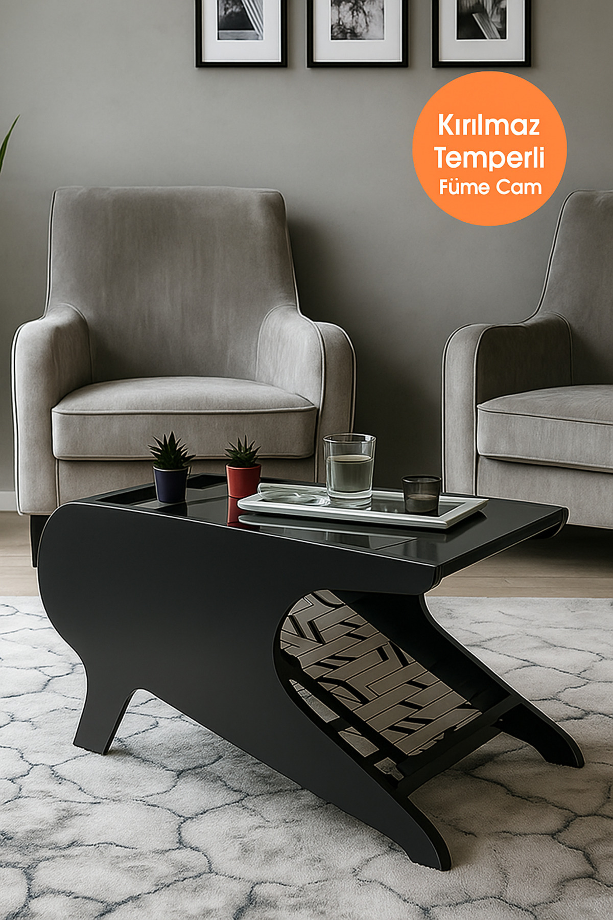 Unbreakable Smoked Glass Anthracite Pattern Coffee Table & Magazine Stand with Geometric Design
