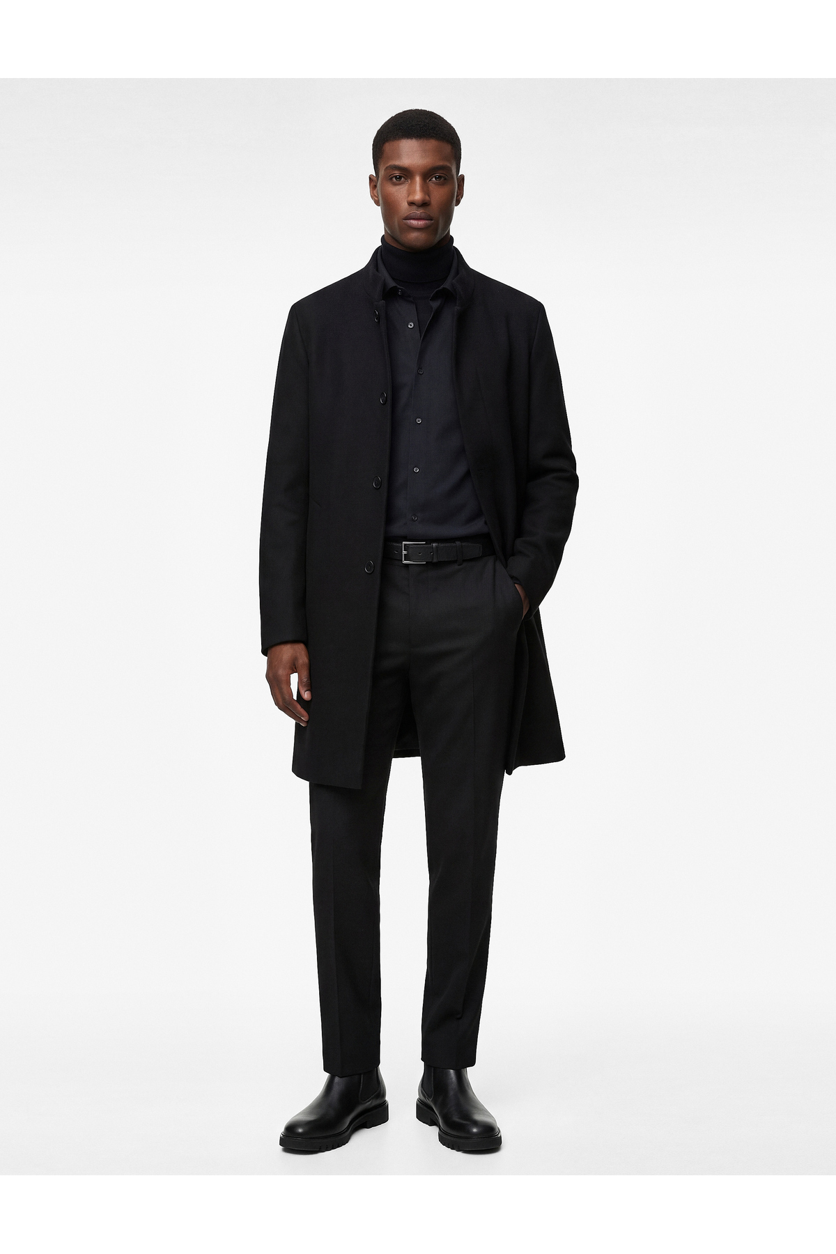 Koton Regular Fit Cepli Düğmeli Uzun Dik Yaka Kaşe Kaban — مشکی 6WAM00026HW